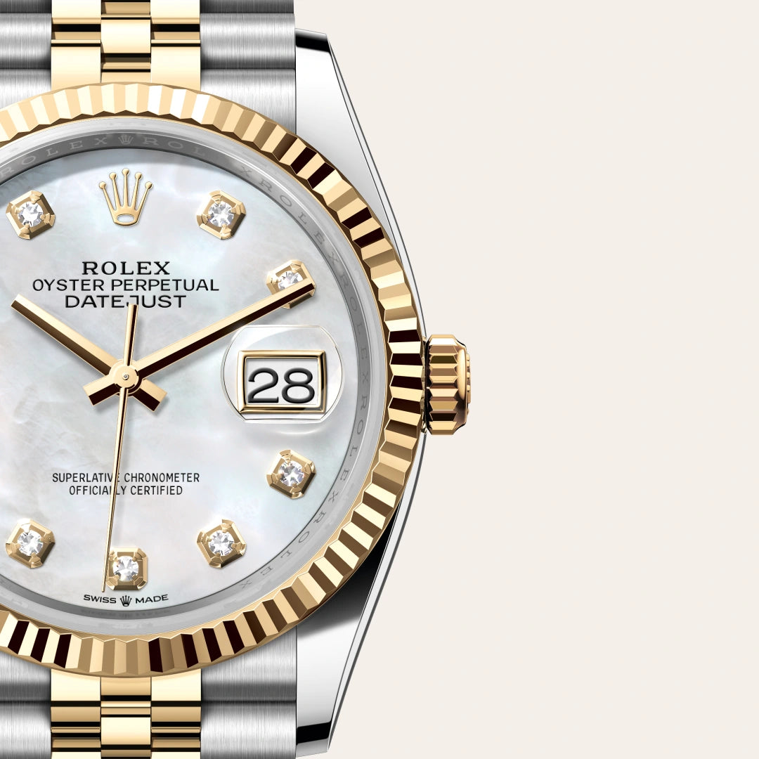 Rolex Datejust 36 Mother of Pearl Diamond Dial Fluted Bezel Two-Tone Jubilee Watch M126233-0023