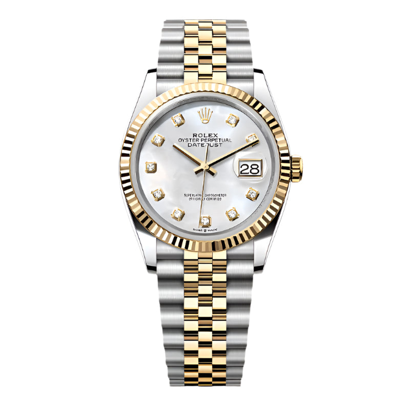 Rolex Datejust 36 Mother of Pearl Diamond Dial Fluted Bezel Two-Tone Jubilee Watch M126233-0023
