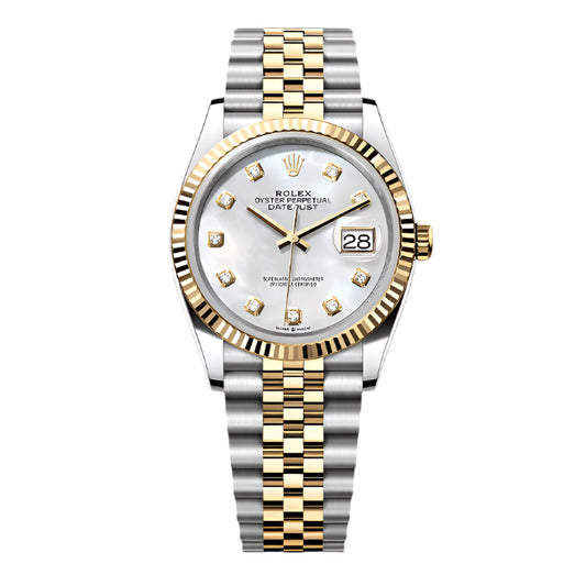 Rolex Datejust 36 Mother of Pearl Diamond Dial Fluted Bezel Two-Tone Jubilee Watch M126233-0023