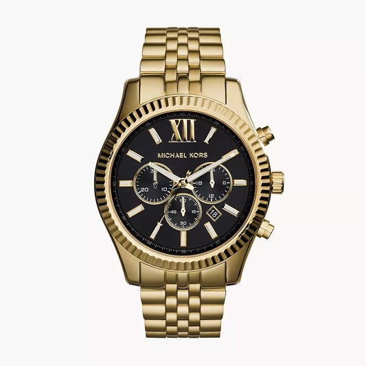 Michael Kors Lexington Chronograph Men’s Watch MK8286 – 45mm Black Dial, Gold-Tone Stainless Steel Bracelet, Date Display, 50M Water Resistance
