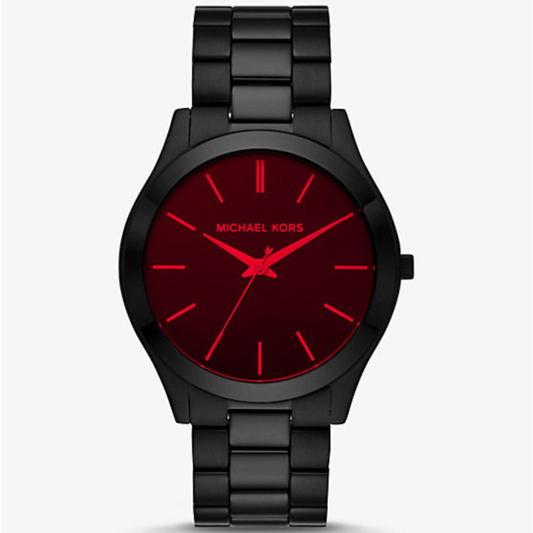 Michael Kors Slim Runway Quartz Men’s Watch MK8734 – 44mm Black Dial with Red Hands, Black-Plated Stainless Steel Bracelet, Sapphire Crystal, 50M Water Resistance
