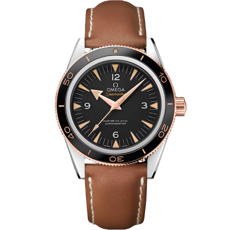 Omega Seamaster 300 Black Dial Rose Gold Bezel Brown Leather Strap 41mm Watch 233.22.41.21.01.002