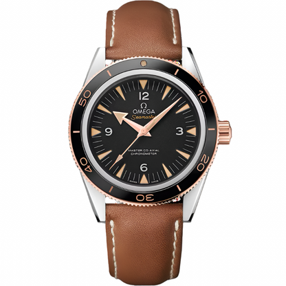 Omega Seamaster 300 Black Dial Rose Gold Bezel Brown Leather Strap 41mm Watch 233.22.41.21.01.002