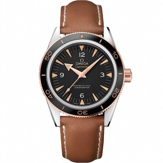 Omega Seamaster 300 Black Dial Rose Gold Bezel Brown Leather Strap 41mm Watch 233.22.41.21.01.002