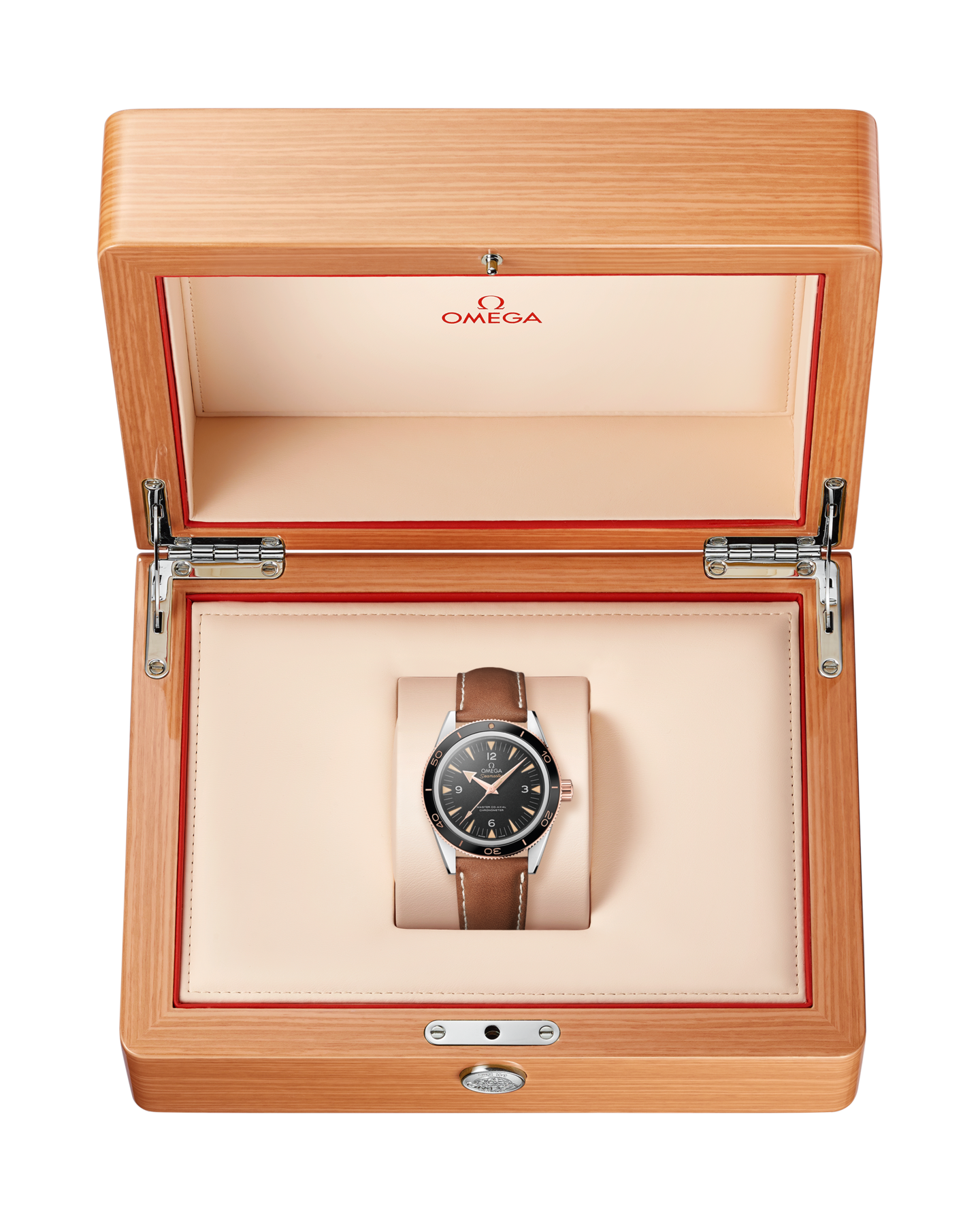 Omega Seamaster 300 Black Dial Rose Gold Bezel Brown Leather Strap 41mm Watch 233.22.41.21.01.002