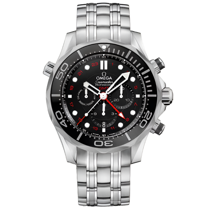 Omega Seamaster Diver 300M 44mm Chronograph GMT Black Dial Automatic Watch with Steel Bracelet 212.30.44.52.01.001