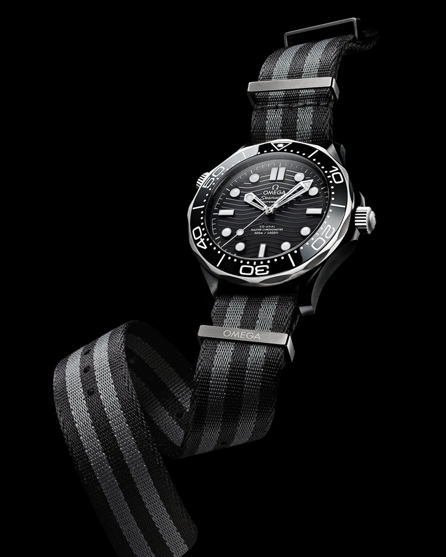 Omega Seamaster 300 Black Ceramic Dial Grey Bezel Canvas Strap 43.5mm Watch 210.92.44.20.01.002