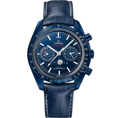 Omega Speedmaster Moonphase Blue Dial Ceramic Case Alligator Strap 44mm Watch 304.93.44.52.03.001