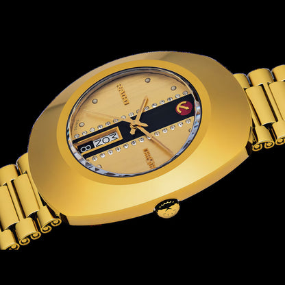 Rado R12413343 – Men's The Original Automatic Watch, 35mm Yellow Gold CVD Stainless Steel Case & Bracelet, Gold Diamond-Set Dial, Day-Date Display, 80H Power Reserve, 30M WR