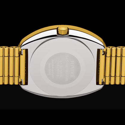 Rado R12413343 – Men's The Original Automatic Watch, 35mm Yellow Gold CVD Stainless Steel Case & Bracelet, Gold Diamond-Set Dial, Day-Date Display, 80H Power Reserve, 30M WR