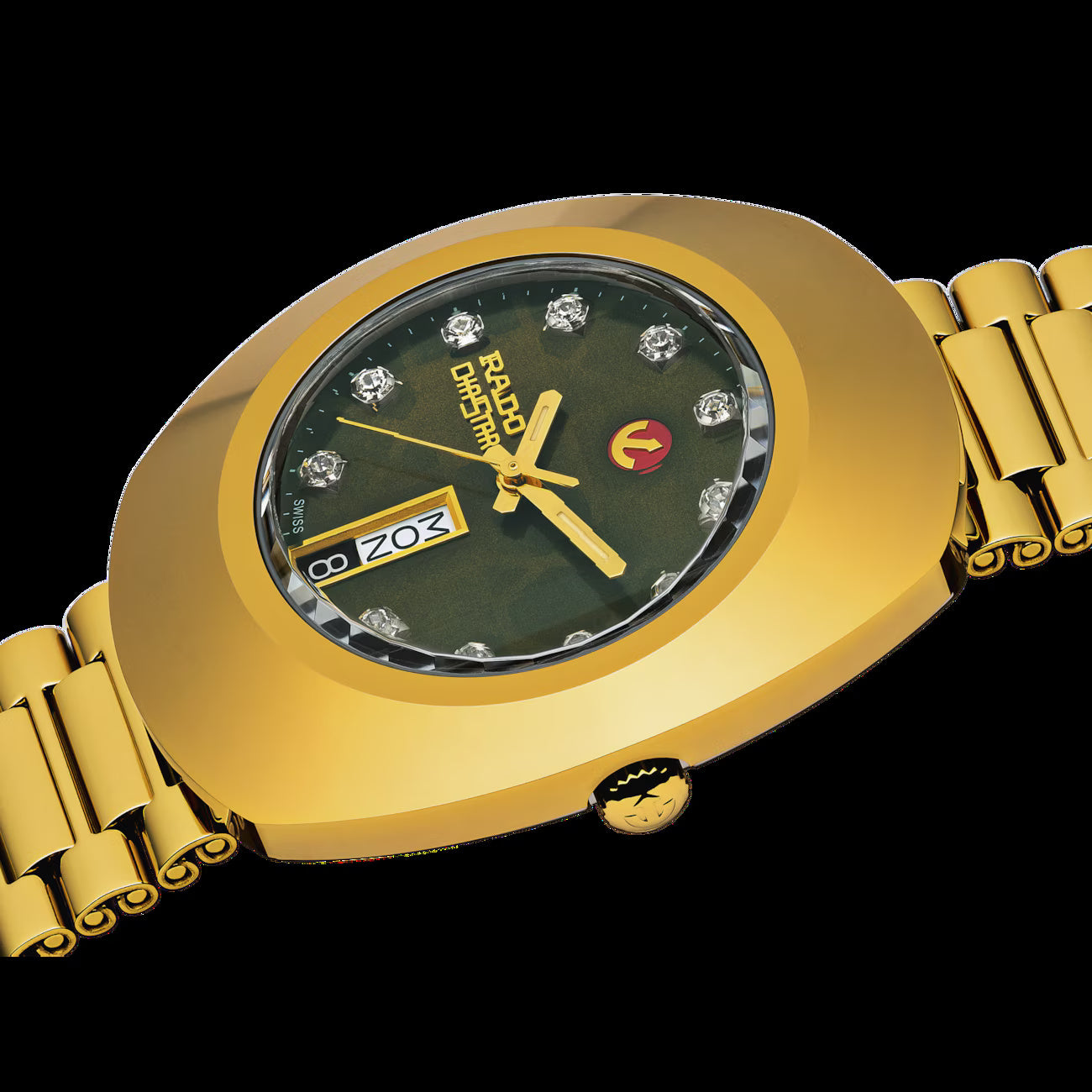 Rado R12413533 – Men's The Original Automatic Watch, 35mm Yellow Gold PVD Stainless Steel Case with Green Dial, Diamond Hour Markers, 80-Hour Power Reserve, 30M Water Resistance