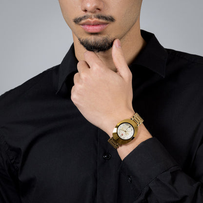 Rado R12413314 – Men's Original Automatic Watch, 35mm Yellow Gold CVD Stainless Steel Case & Bracelet with Gold Dial, Blue Simili Stone Markers, Day-Date Display, 80-Hour Power Reserve, 30M Water Resistance