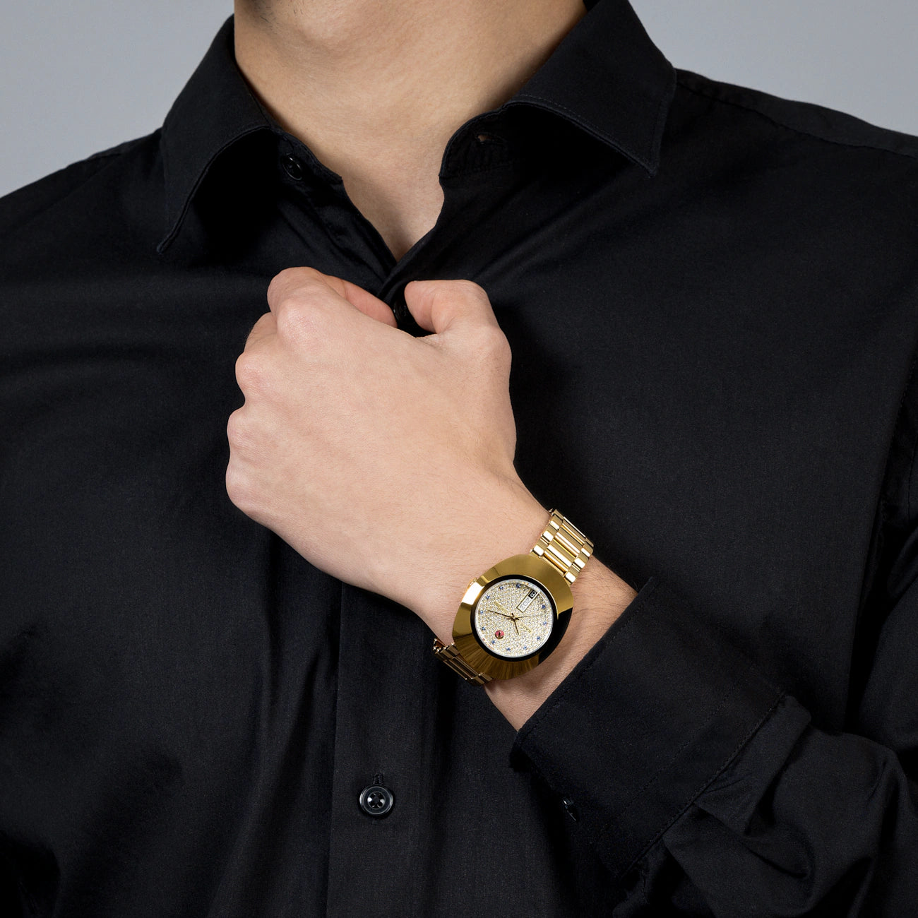 Rado R12413314 – Men's Original Automatic Watch, 35mm Yellow Gold CVD Stainless Steel Case & Bracelet with Gold Dial, Blue Simili Stone Markers, Day-Date Display, 80-Hour Power Reserve, 30M Water Resistance