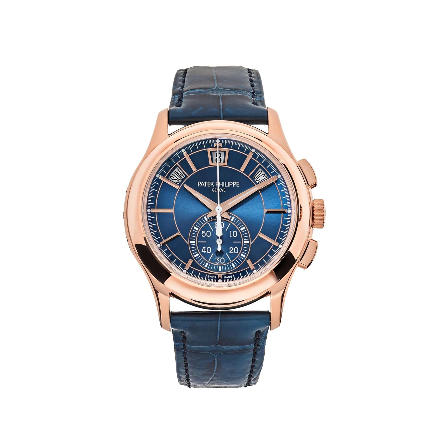 Luxury watch with blue face and rose gold case on a white background