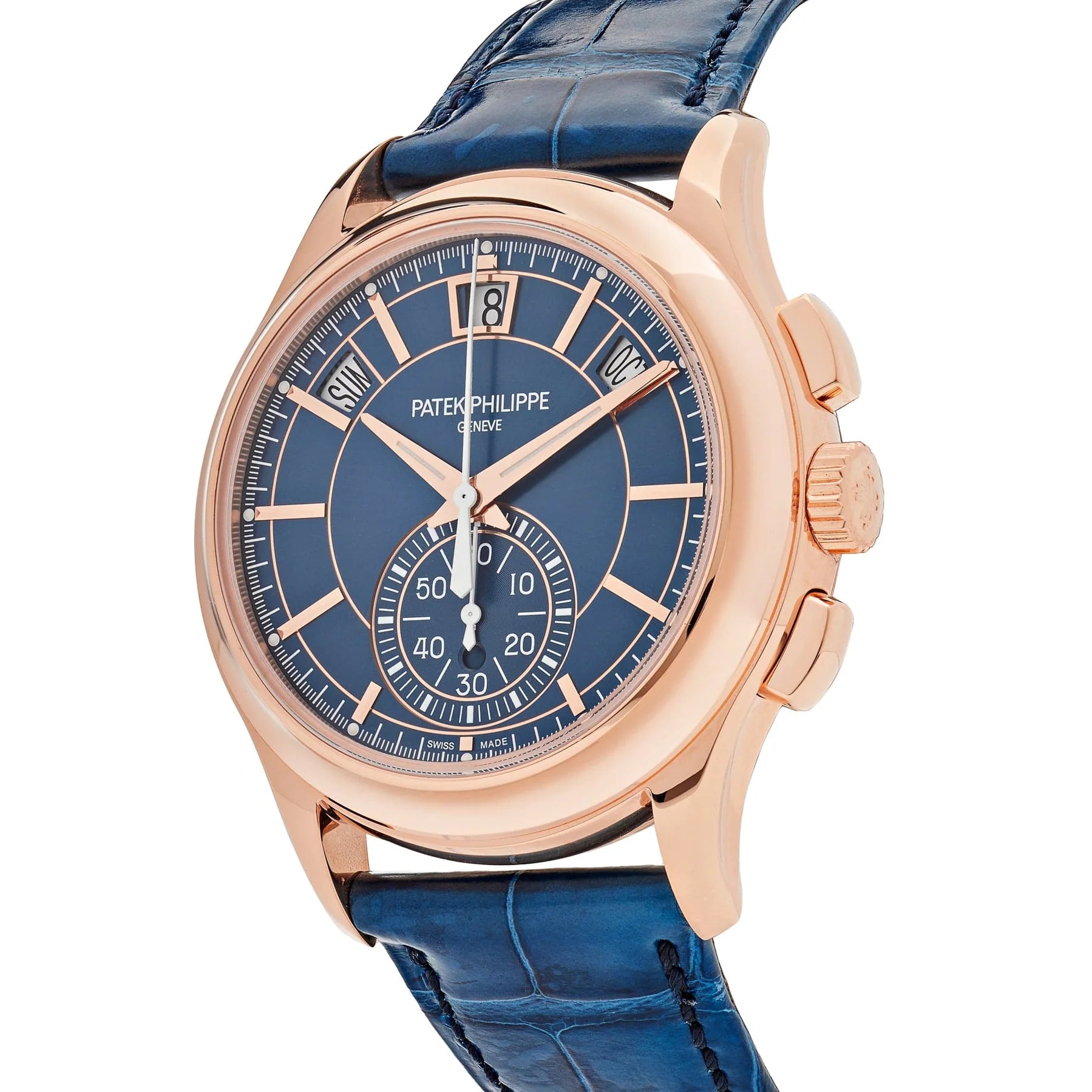 Patek Philippe watch with blue face and strap on a white background