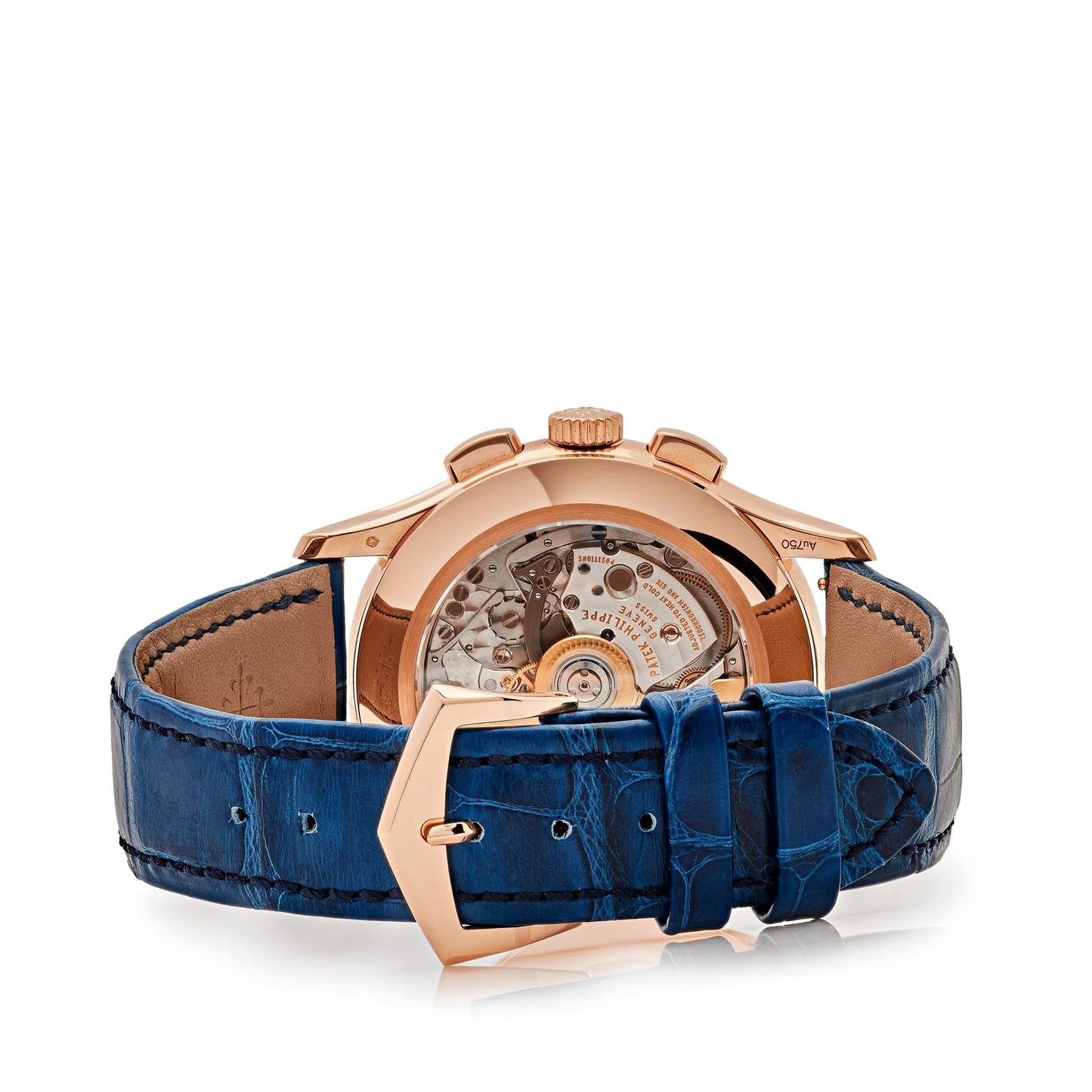 Watch with blue strap and rose gold case on a white background