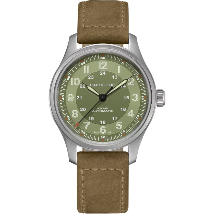 Hamilton Khaki Field Titanium Automatic Green Dial Men’s Watch H70545560 – 42mm, Calfskin Leather Strap, Calibre H-10, 80-Hour Power Reserve, Sapphire Crystal, 100M Water Resistance