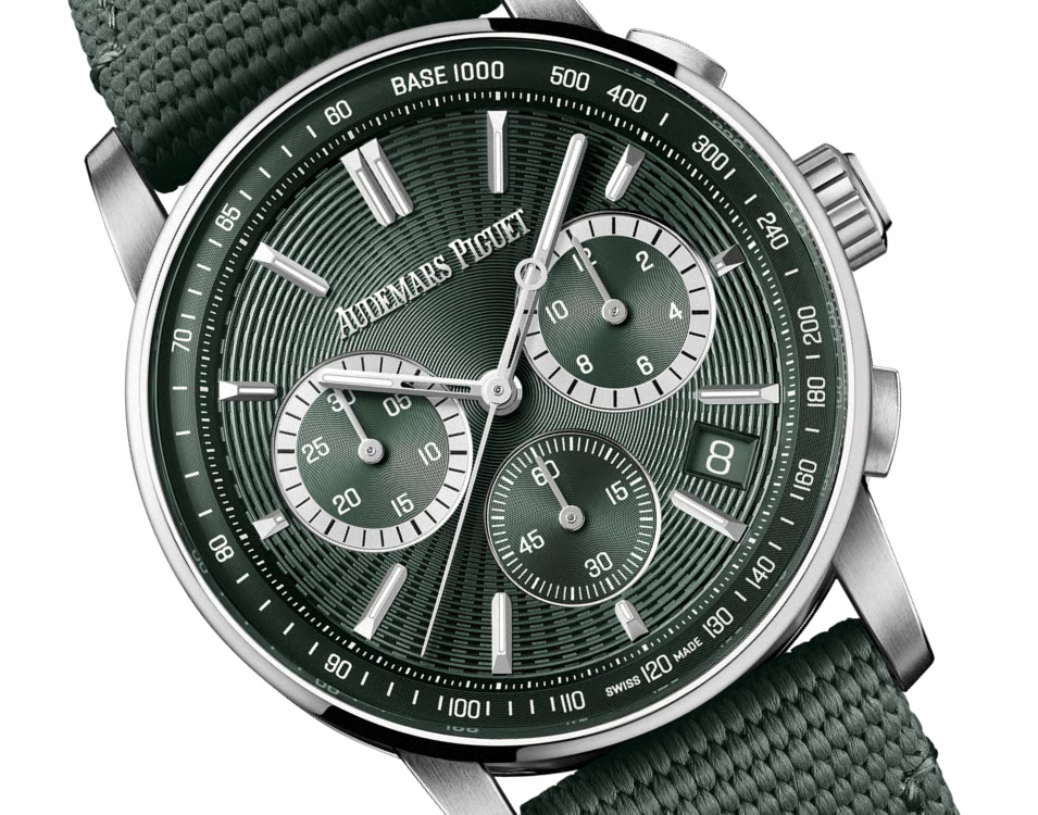 Green watch with detailed face and green strap on a transparent background
