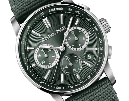 Green watch with detailed face and green strap on a transparent background