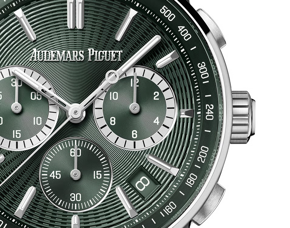 Audemars Piguet watch face with green dial and silver accents