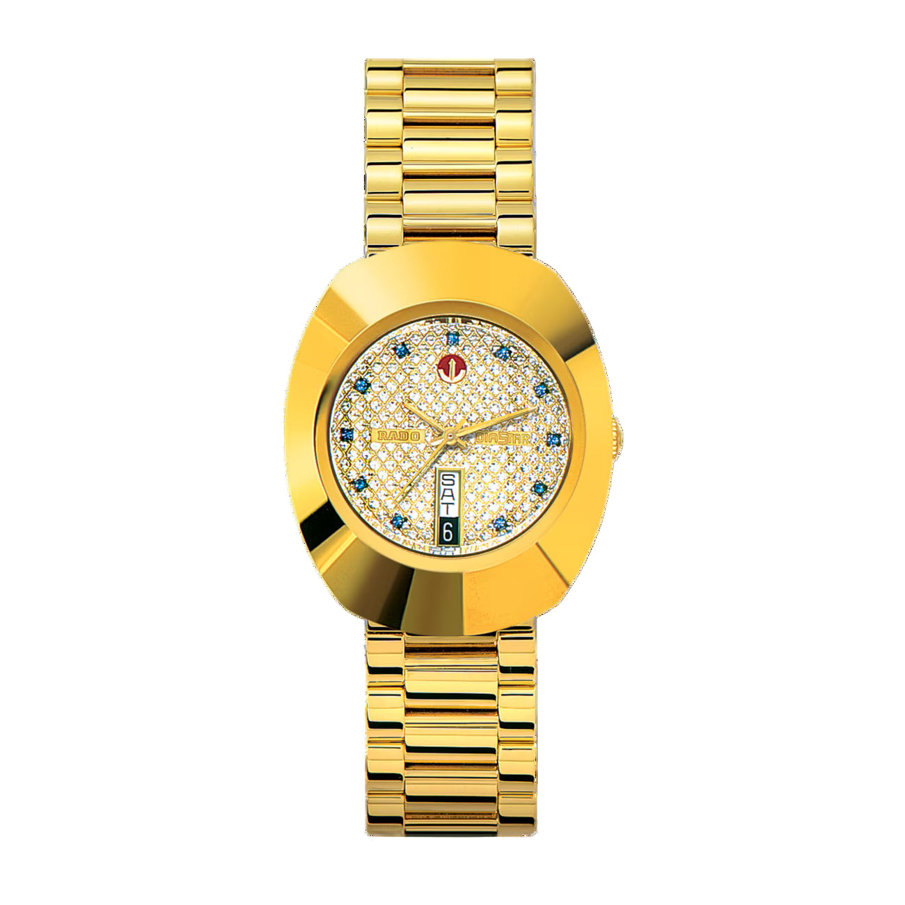 Rado R12413314 – Men's Original Automatic Watch, 35mm Yellow Gold CVD Stainless Steel Case & Bracelet with Gold Dial, Blue Simili Stone Markers, Day-Date Display, 80-Hour Power Reserve, 30M Water Resistance
