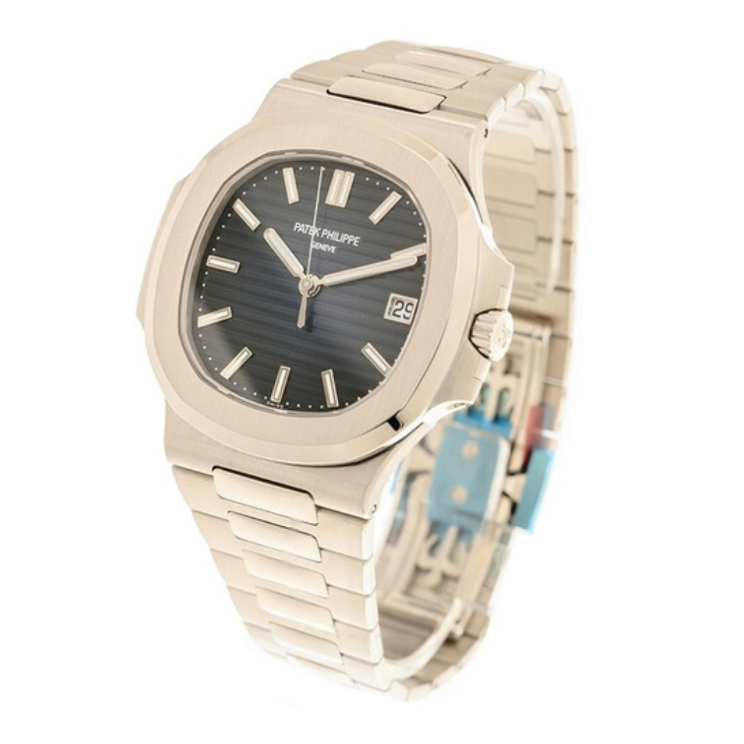 Patek Philippe watch with a silver case and bracelet on a white background