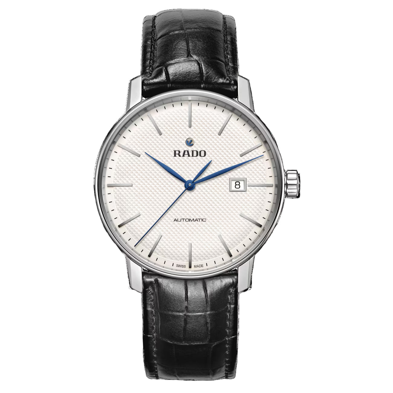 Rado R22876015 – Men's Coupole Automatic Watch, 41mm Stainless Steel Case, White Dial with Blue Hands, Black Leather Strap, 80H Power Reserve, 50M WR