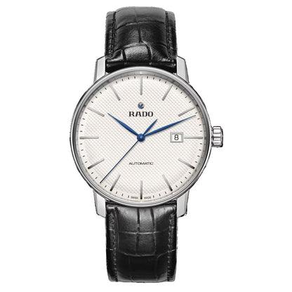 Rado R22876015 – Men's Coupole Automatic Watch, 41mm Stainless Steel Case, White Dial with Blue Hands, Black Leather Strap, 80H Power Reserve, 50M WR