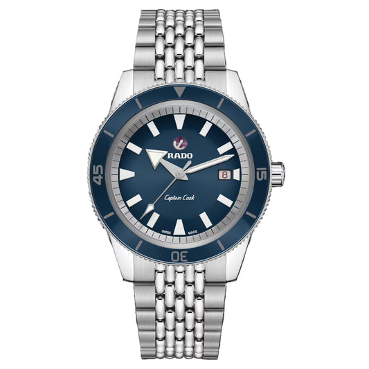 Rado R32505203 – Men's Captain Cook Automatic Watch, 42mm Stainless Steel Case with Blue Dial, Blue Ceramic Bezel & Silver Bracelet, 80-Hour Power Reserve, 200m Water Resistance