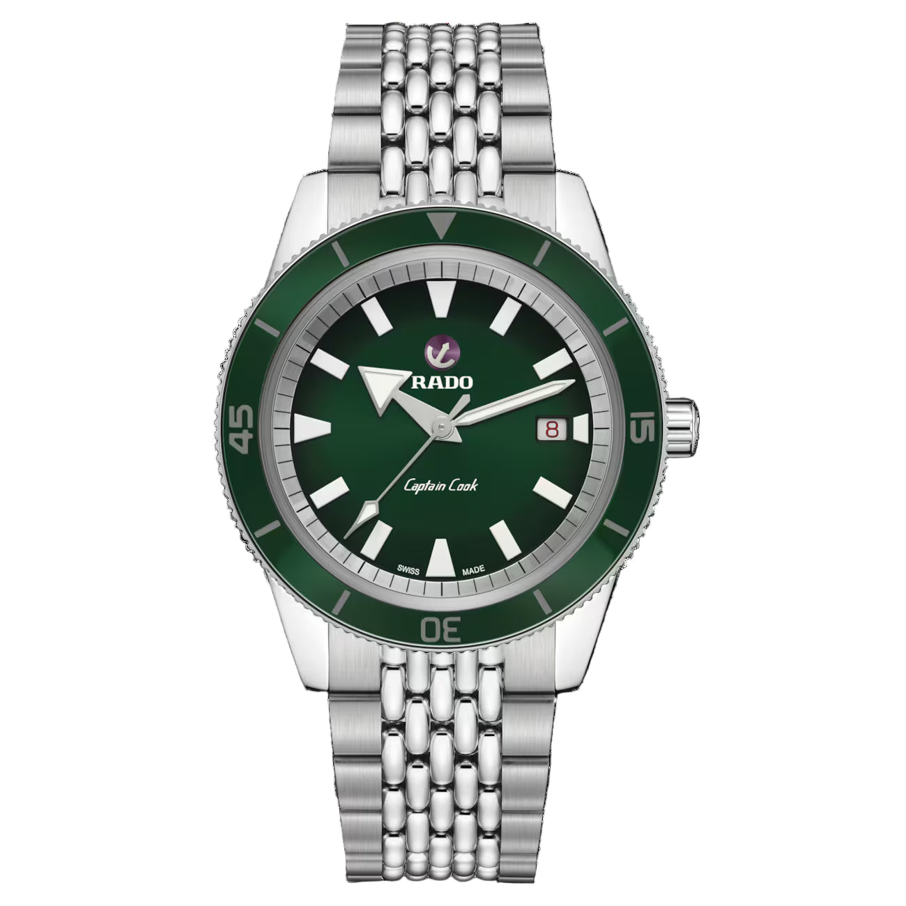 Rado R32505313 – Men's Captain Cook Automatic Watch, 42mm Stainless Steel Case, Green Dial & Ceramic Bezel, Silver Bracelet, 80-Hour Power Reserve, 200M Water Resistance