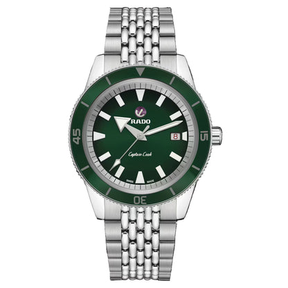 Rado R32505313 – Men's Captain Cook Automatic Watch, 42mm Stainless Steel Case, Green Dial & Ceramic Bezel, Silver Bracelet, 80-Hour Power Reserve, 200M Water Resistance