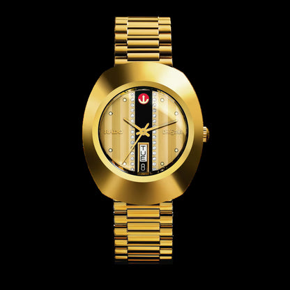 Rado R12413343 – Men's The Original Automatic Watch, 35mm Yellow Gold CVD Stainless Steel Case & Bracelet, Gold Diamond-Set Dial, Day-Date Display, 80H Power Reserve, 30M WR