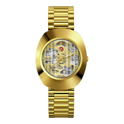 Rado The Original Automatic Men’s Watch R12064253 – 35mm Oval Gold-Tone Dial, Yellow Gold-Tone Stainless Steel Case & Bracelet, Transparent Case Back, Scratch-Resistant Sapphire, 30M WR