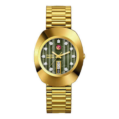 Rado R12413533 – Men's The Original Automatic Watch, 35mm Yellow Gold PVD Stainless Steel Case with Green Dial, Diamond Hour Markers, 80-Hour Power Reserve, 30M Water Resistance