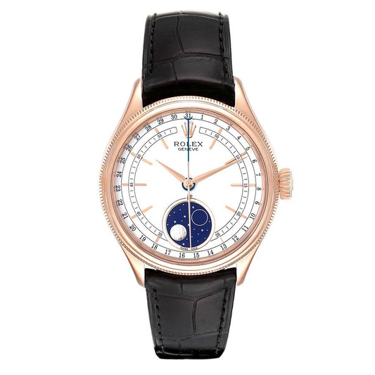 Rolex Cellini Moonphase White Dial Automatic 18K Everose Gold Brown Leather Men's Watch 50535WSBRL