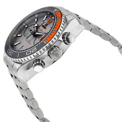 Silver watch with a gray face and orange accents on a white background