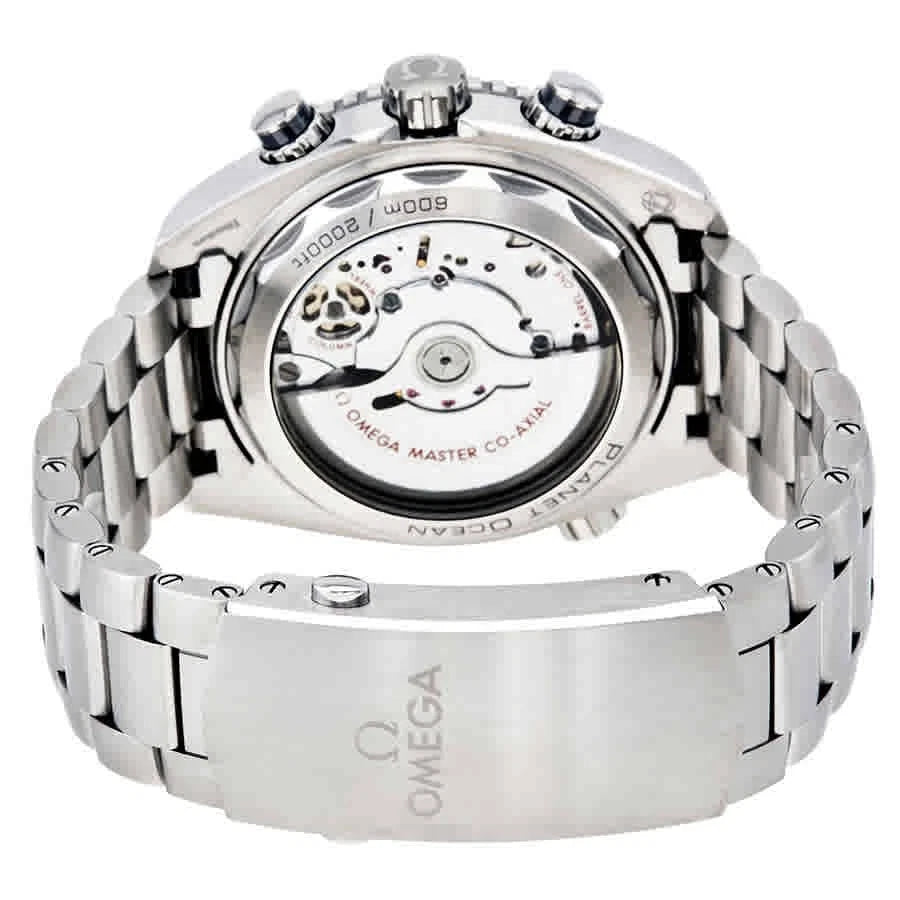 Close-up of a silver Omega watch with visible brand logo on a white background
