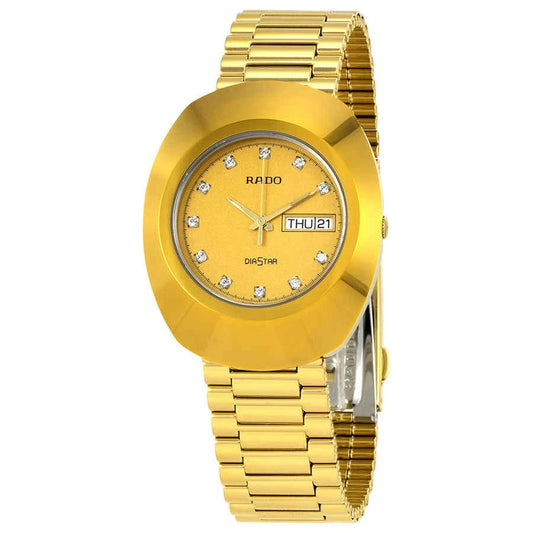 Rado R12393633 – Men's Diastar Quartz Watch, 35mm Yellow Gold PVD Stainless Steel Case & Bracelet with Gold Dial, Diamond Hour Markers, Day-Date Display, 30M Water Resistance