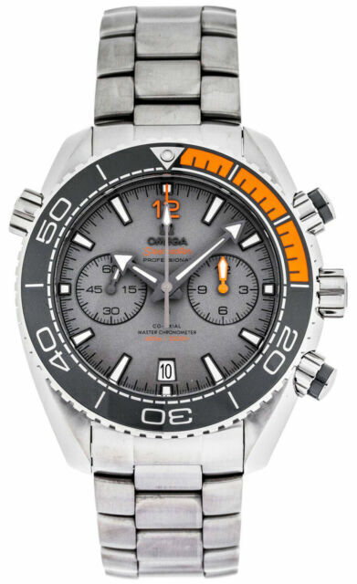 Silver watch with a gray face and orange accents on a white background