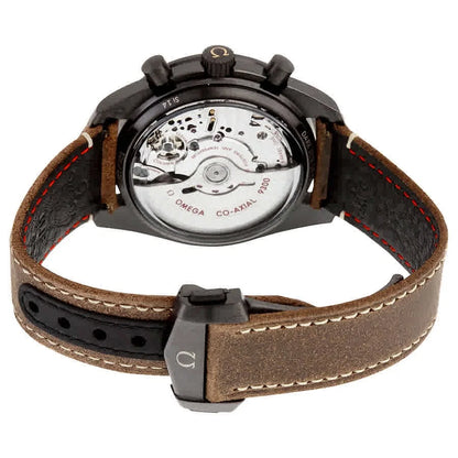 Omega watch with brown leather strap and visible mechanical components on a white background