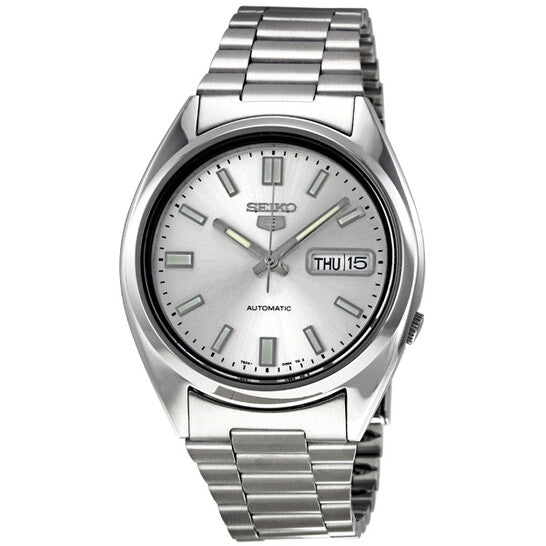 Seiko 5 SNXS73 – Men's Automatic Stainless Steel Watch with Silver Dial, Day-Date Display & Skeleton Case Back