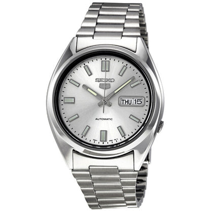Seiko 5 SNXS73 – Men's Automatic Stainless Steel Watch with Silver Dial, Day-Date Display & Skeleton Case Back