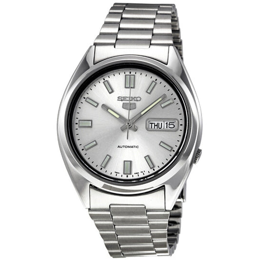 Seiko 5 SNXS73 – Men's Automatic Stainless Steel Watch with Silver Dial, Day-Date Display & Skeleton Case Back