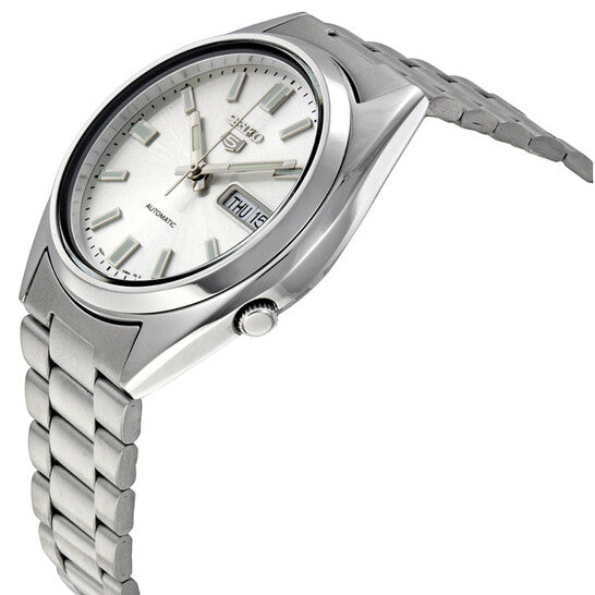 Seiko 5 SNXS73 – Men's Automatic Stainless Steel Watch with Silver Dial, Day-Date Display & Skeleton Case Back