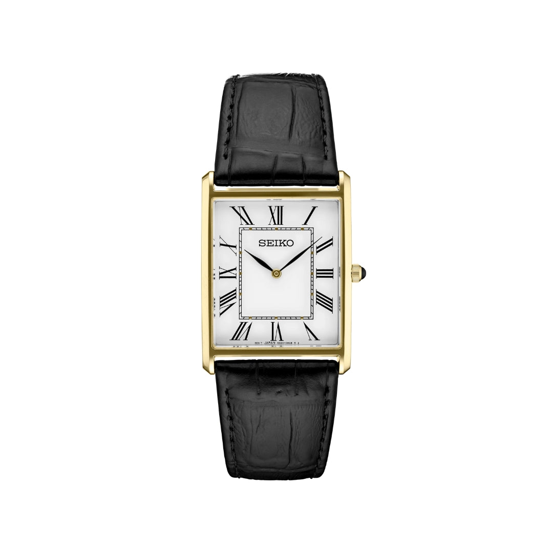 Seiko Essentials SWR052 – Unisex Rectangular Gold-Tone Stainless Steel Watch with White Dial & Black Croco-Embossed Leather Strap