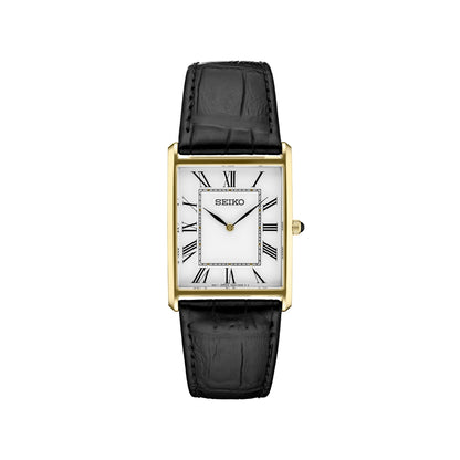 Seiko Essentials SWR052 – Unisex Rectangular Gold-Tone Stainless Steel Watch with White Dial & Black Croco-Embossed Leather Strap