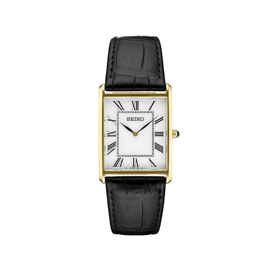 Seiko Essentials SWR052 – Unisex Rectangular Gold-Tone Stainless Steel Watch with White Dial & Black Croco-Embossed Leather Strap