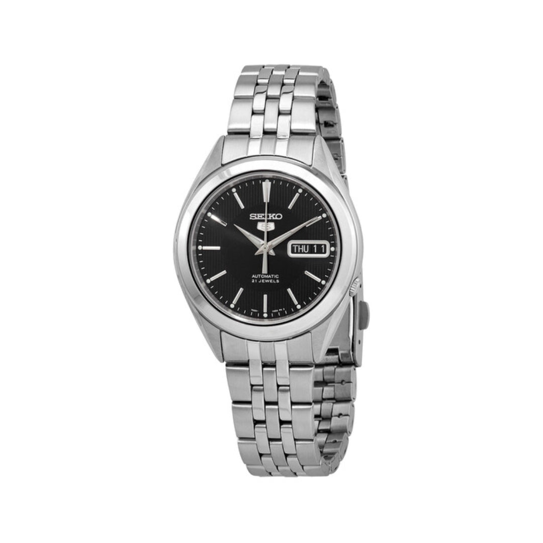 Seiko 5 SNKL23J1 – Men's Automatic Stainless Steel Watch with Black Dial, Day-Date Display & Transparent Case Back