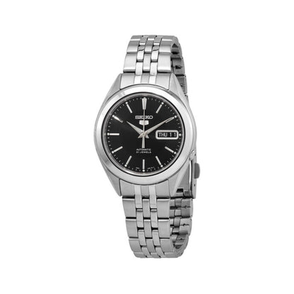 Seiko 5 SNKL23J1 – Men's Automatic Stainless Steel Watch with Black Dial, Day-Date Display & Transparent Case Back