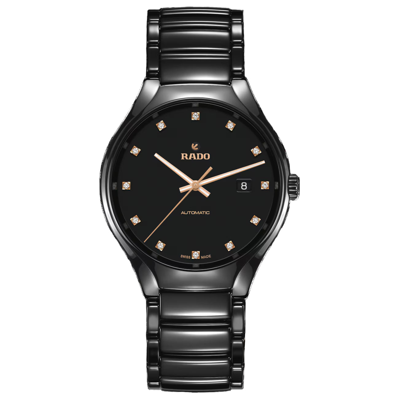 Rado R27056732 – Men's True Automatic Watch, 40mm Black High-Tech Ceramic Case & Bracelet, Diamond Markers, Rose Gold Hands, 80H Power Reserve, 50M WR